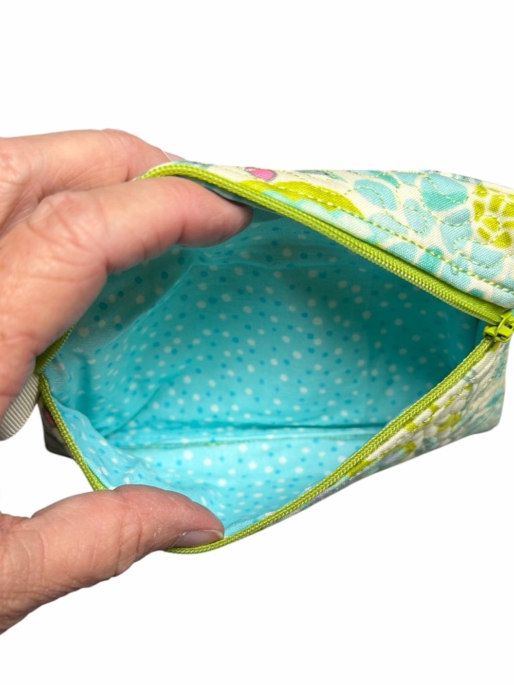Hand Crafted Zipper Pouch Floral Blue and Green Zipper Wallet - Picture 9 of 11